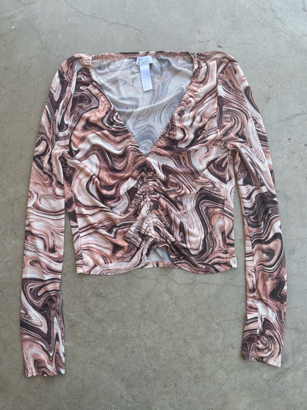 Mesh Marble Swirl West of Melrose Sheer Long Sleeve Crop Top Ruched Y2K Size M